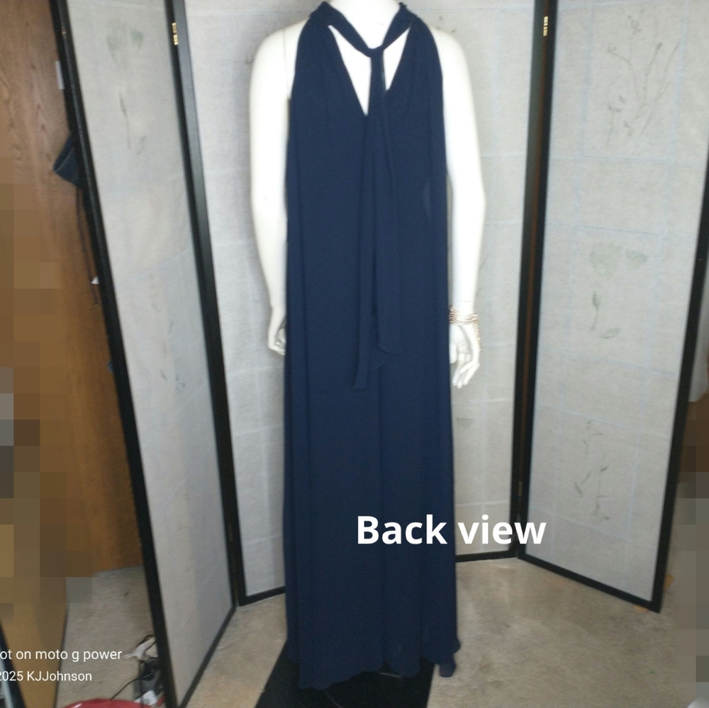 Elegant Formal Navy Blue Wide Leg Chiffon Jumpsuit By Prelude Size L - Picture 3 of 12